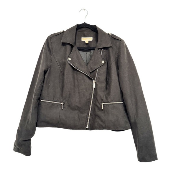 Michael Kors Black‎ Faux-Suede Moto Jacket Asymmetrical Zip Lined Women L Grunge - Picture 1 of 16